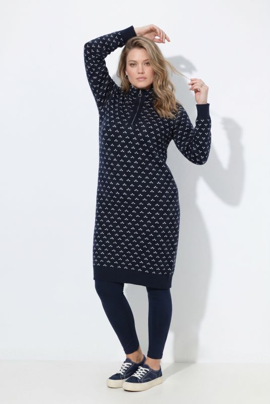 Eco Cotton Polka Dot Troyer Collar Sweater Dress