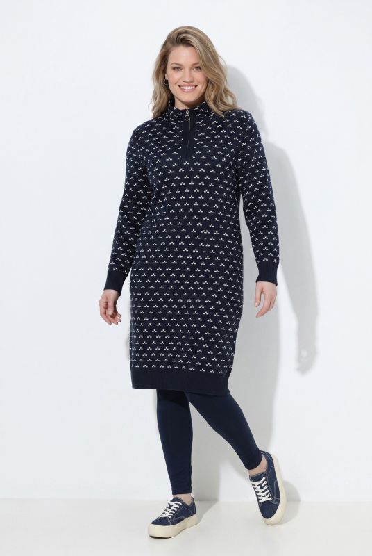 Eco Cotton Polka Dot Troyer Collar Sweater Dress