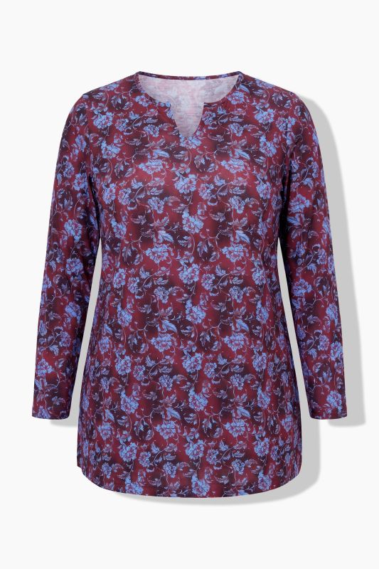 Matte Jersey Floral Vine Notch Neck Knit Tunic Tee