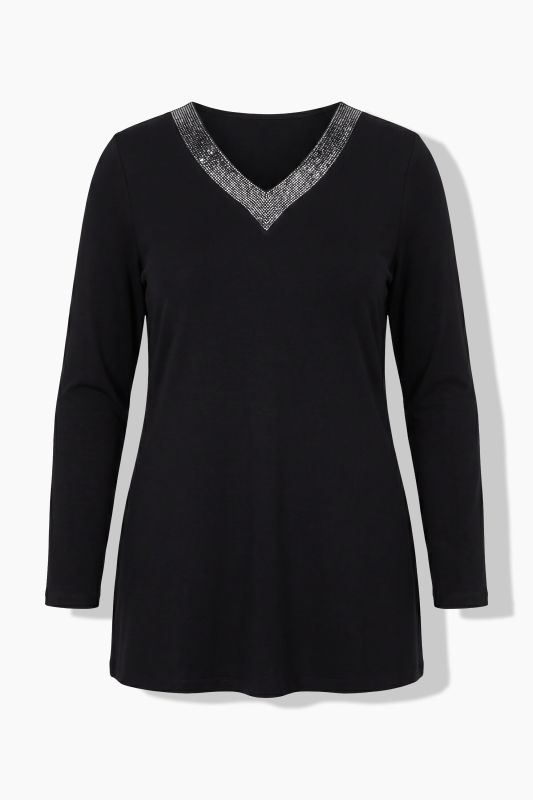 Sequined Neckline Long Sleeve Knit Tunic Tee