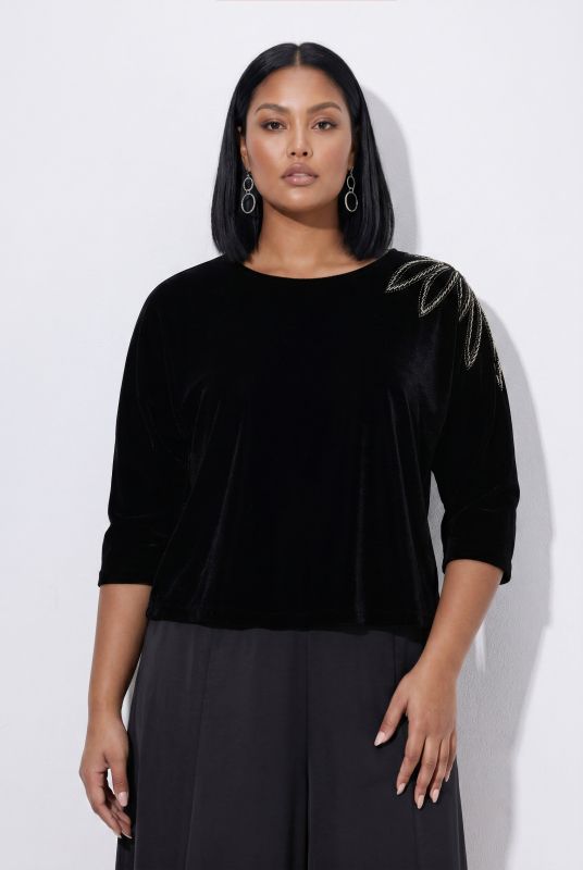 Rhinestone Floral Motif 3/4 Sleeve Velvet T-Shirt Blouse