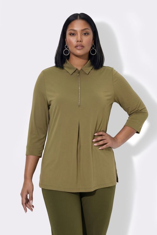 Swarovski Zipper 3/4 Sleeve Punto T-Shirt Blouse
