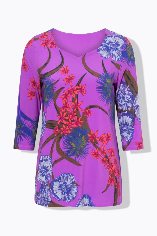 Vibrant Floral Slinky Stretch Knit T-Shirt Blouse