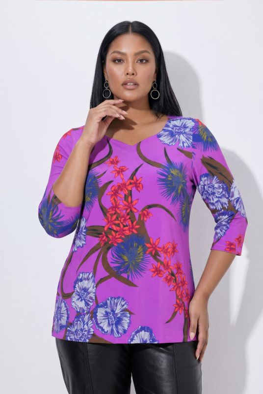 Vibrant Floral Slinky Stretch Knit T-Shirt Blouse