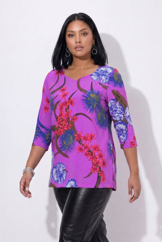 Vibrant Floral Slinky Stretch Knit T-Shirt Blouse