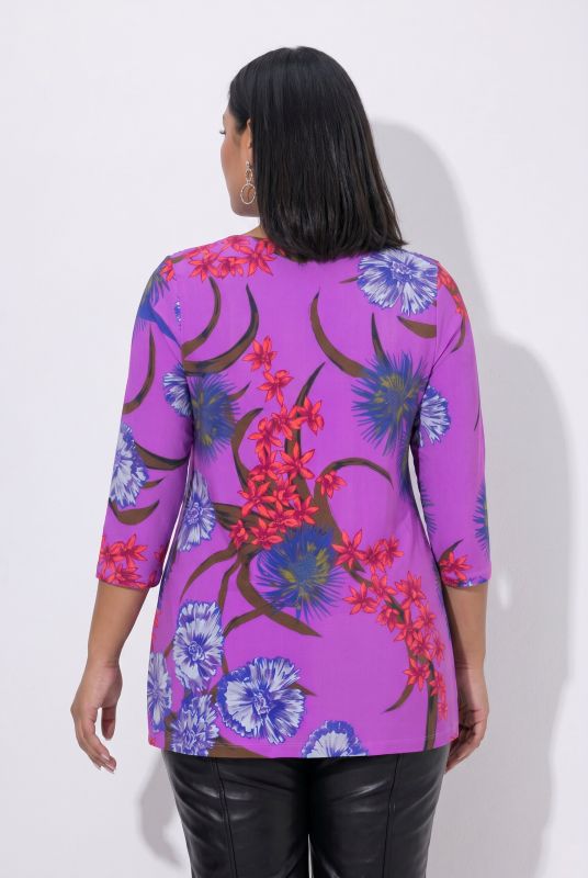 Vibrant Floral Slinky Stretch Knit T-Shirt Blouse