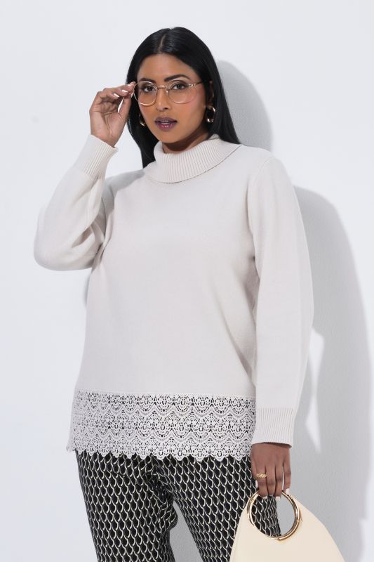 Scalloped Lace Trim Turtleneck Sweater