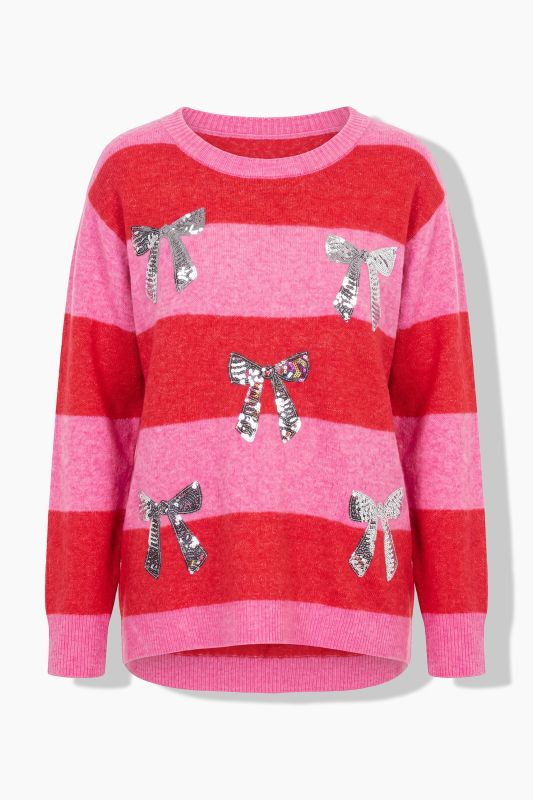 Sequined Bow Striped Sweater