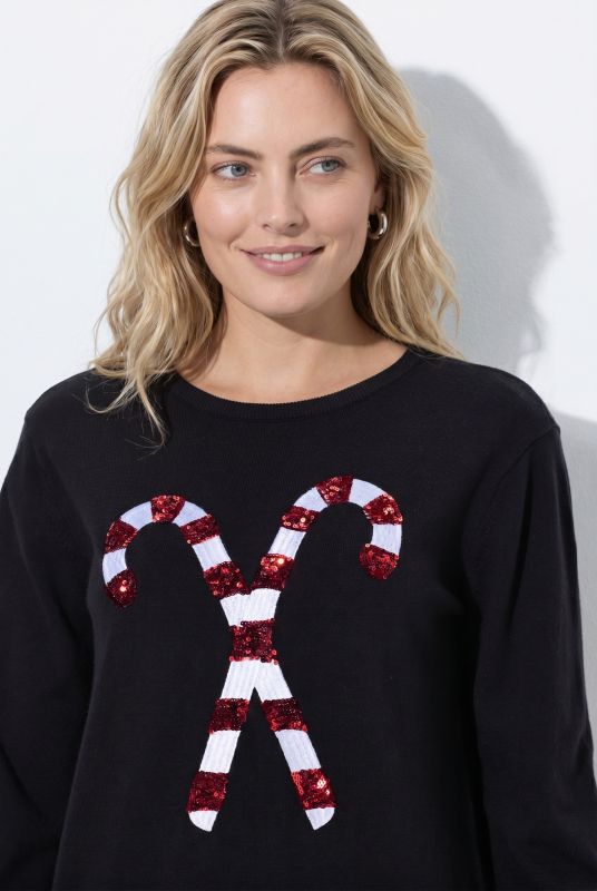 Sequined Candy Cane Long Sleeve Sweater