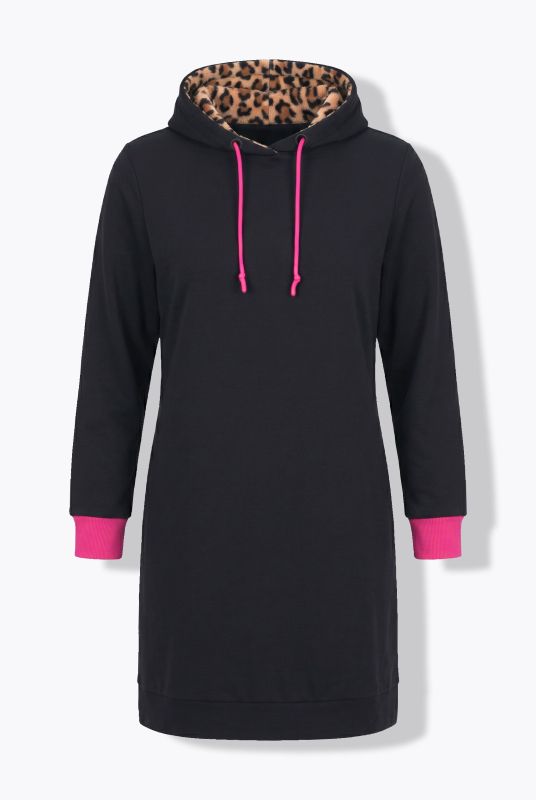 Leopard Lined Neon Detail Hooded Sweatshirt Dress