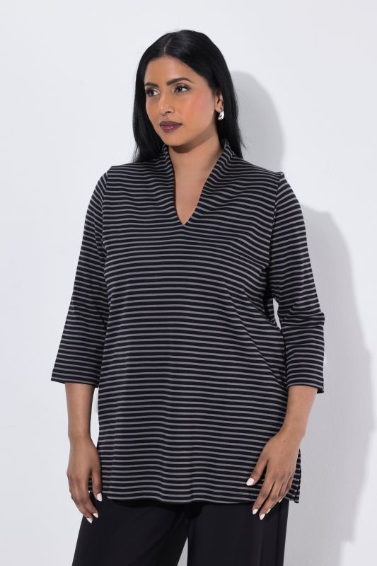 Striped 3/4 Sleeve Goblet Collar T-Shirt Blouse