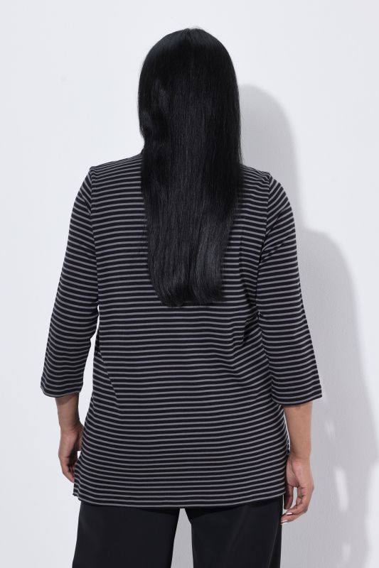 Striped 3/4 Sleeve Goblet Collar T-Shirt Blouse