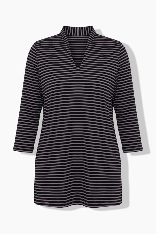 Striped 3/4 Sleeve Goblet Collar T-Shirt Blouse