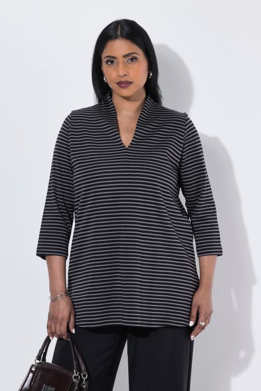 Striped 3/4 Sleeve Goblet Collar T-Shirt Blouse