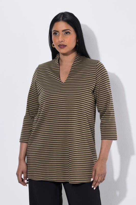 Striped 3/4 Sleeve Goblet Collar T-Shirt Blouse