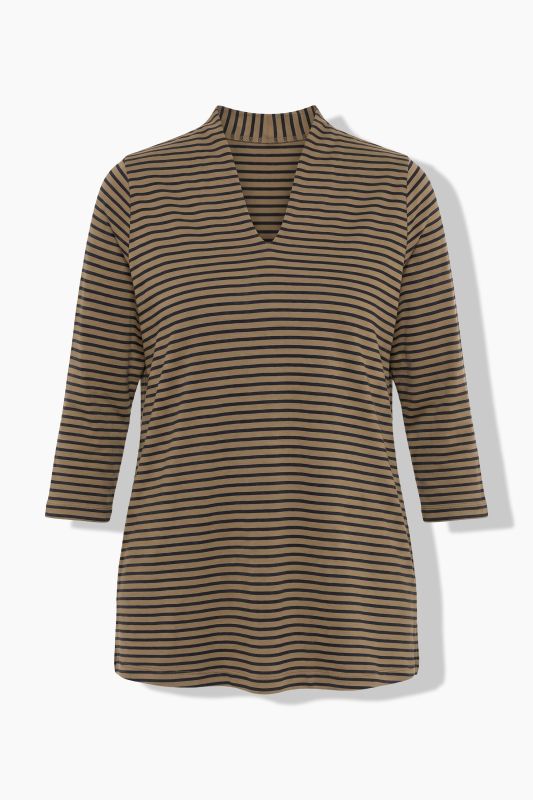 Striped 3/4 Sleeve Goblet Collar T-Shirt Blouse