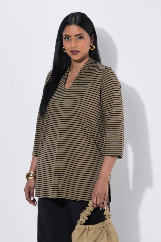 Striped 3/4 Sleeve Goblet Collar T-Shirt Blouse