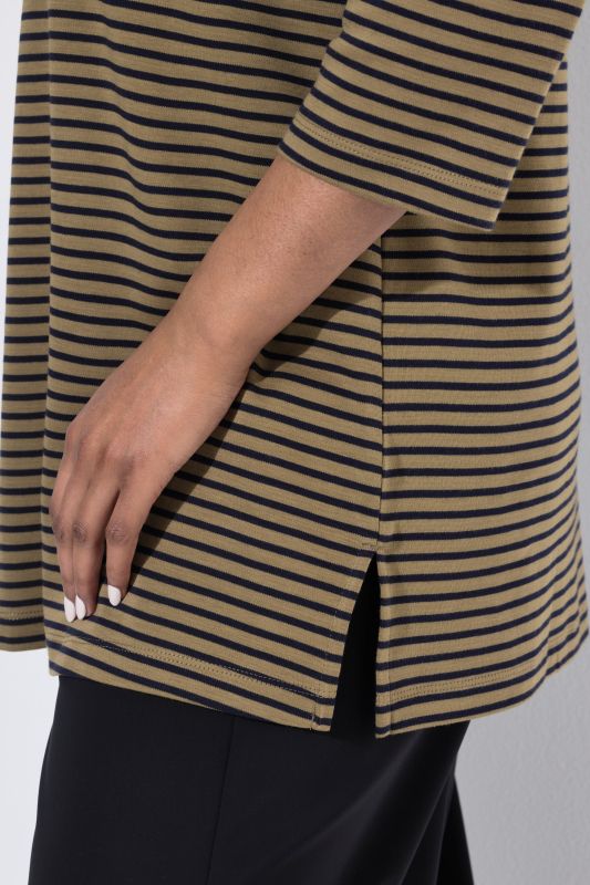 Striped 3/4 Sleeve Goblet Collar T-Shirt Blouse