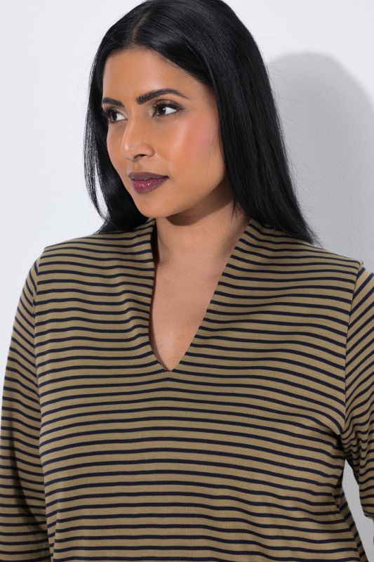 Striped 3/4 Sleeve Goblet Collar T-Shirt Blouse