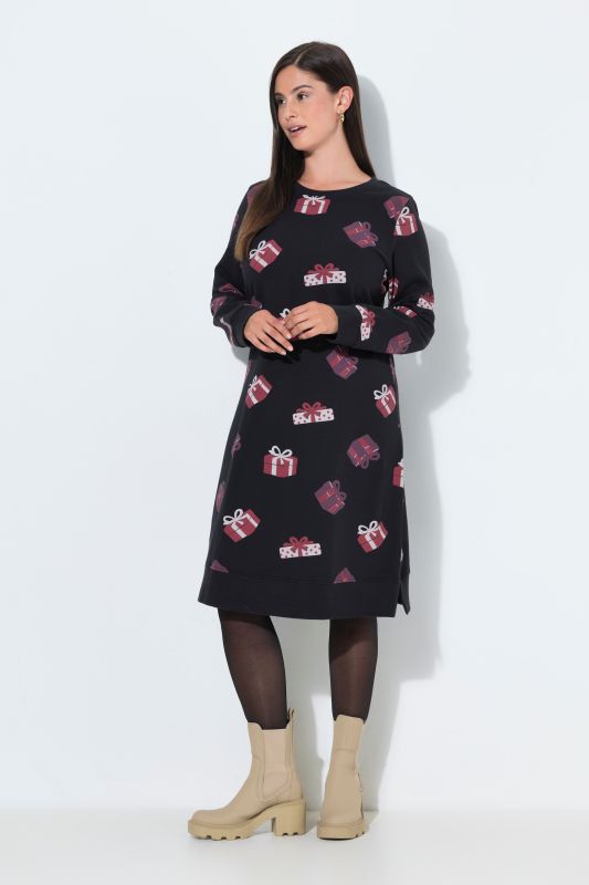 Holiday Print Long Sleeve Sweatshirt Dress