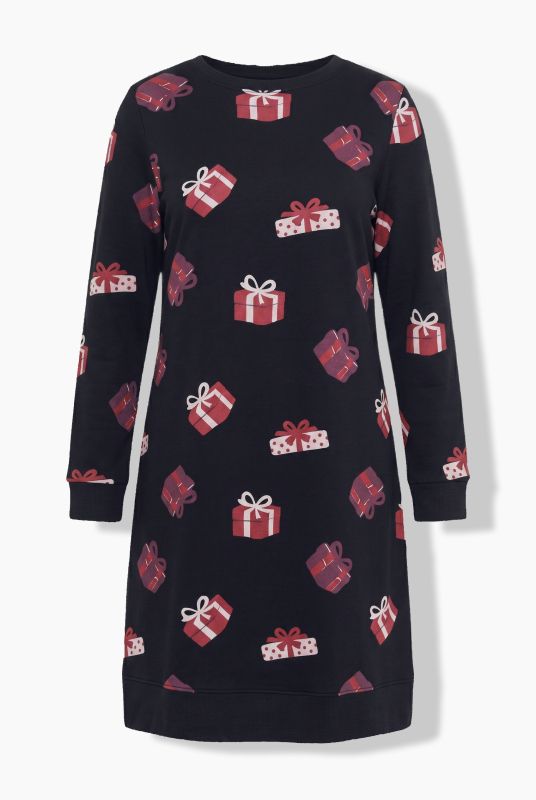 Holiday Print Long Sleeve Sweatshirt Dress