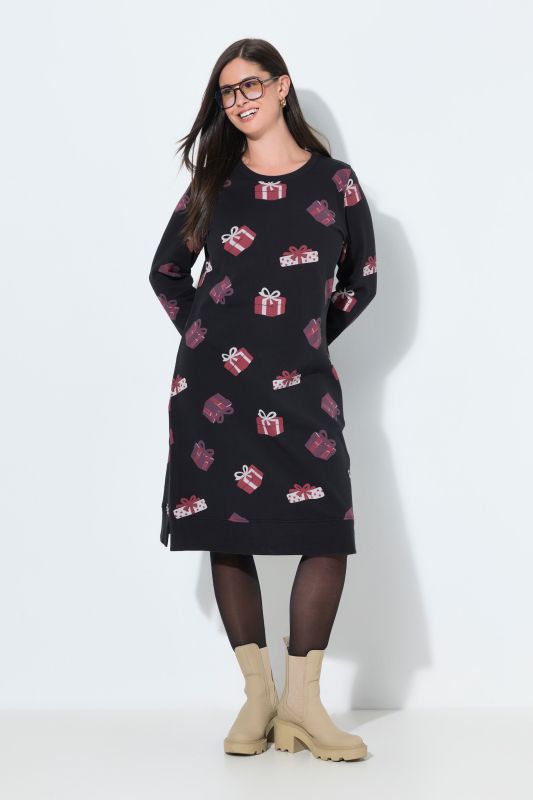 Holiday Print Long Sleeve Sweatshirt Dress
