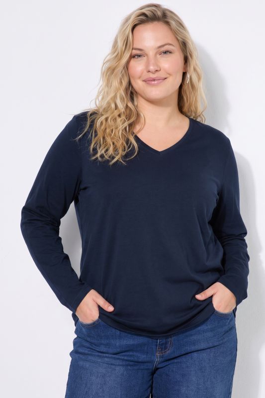 V-Neck Cotton Long Sleeve Relaxed Fit Tee