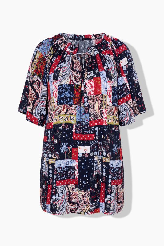 Patchwork Print Smocked Neck Blouse