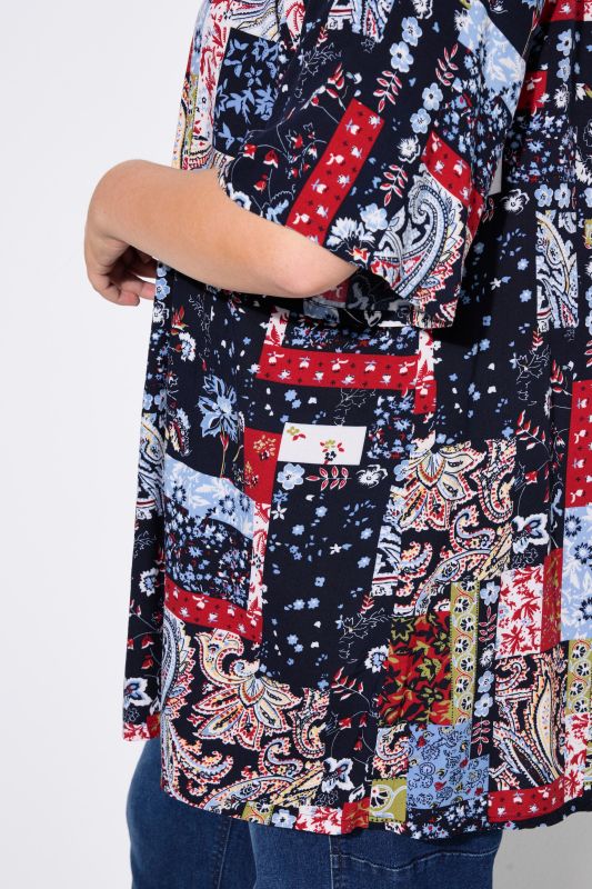 Patchwork Print Smocked Neck Blouse