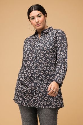 Shirt blouse, boxy shape, sun print, shirt collar, long sleeves