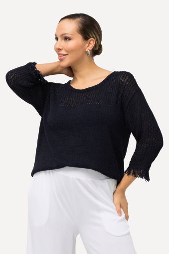 Sweater, openwork pattern, round neck, fringes, 3/4 sleeves