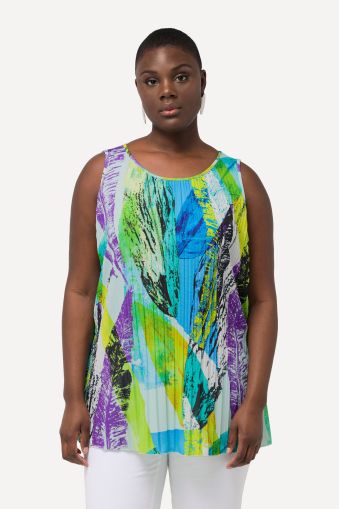 Pleated Feather Print Sleeveless Blouse