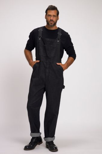 Dungarees, denim, many pockets, elastic inserts, relaxed fit