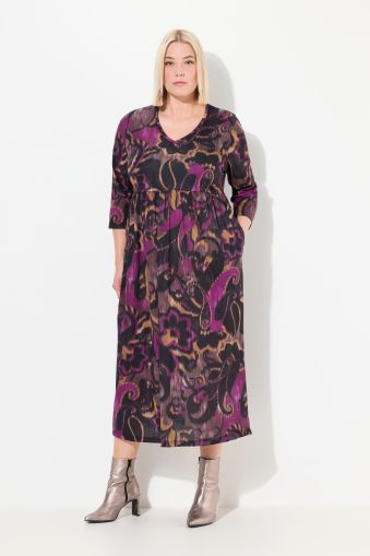 Plum Swirl Print Empire Knit  A-line Pocket Dress