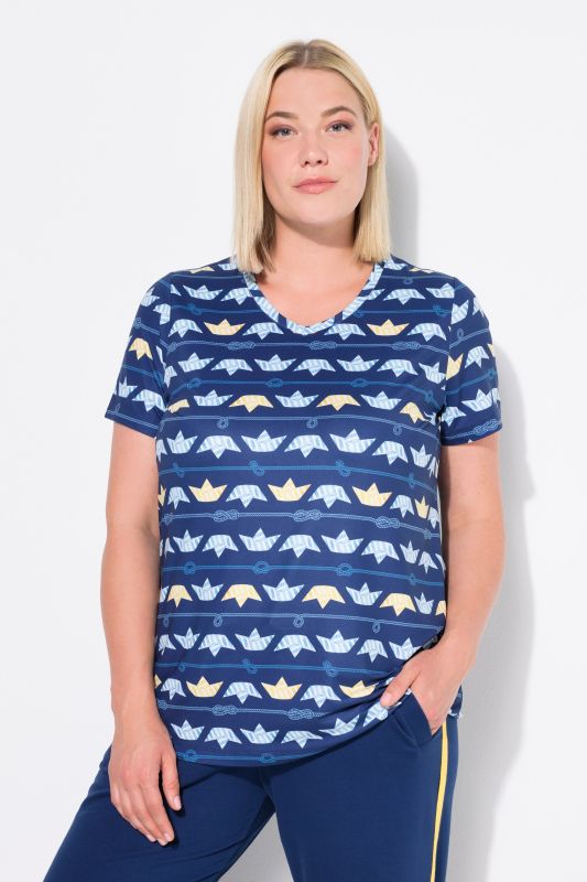 Quick Drying Boat Print Short Sleeve V-Neck Tee