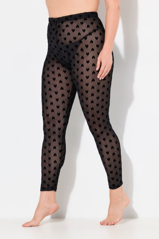 Flocked Heart Print Sheer Mesh Leggings