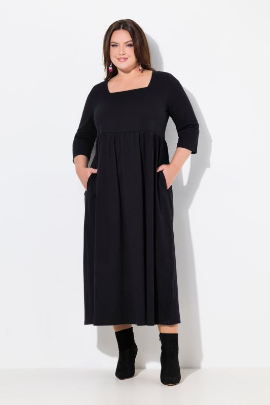 Square Neck Empire Knit A-line Pocket Dress