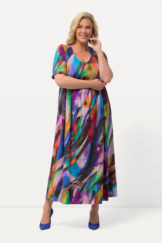 Artistic Swirl Print Empire Stretch Knit V-Neck Pocket Dress