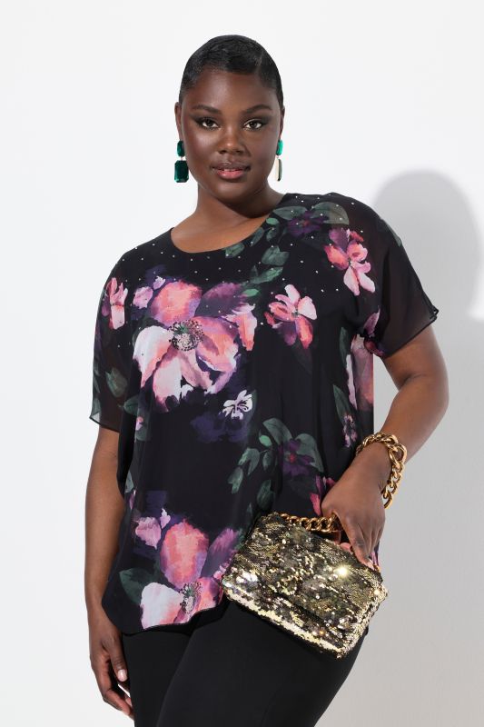 Layered Chiffon Short Sleeve Floral Blouse