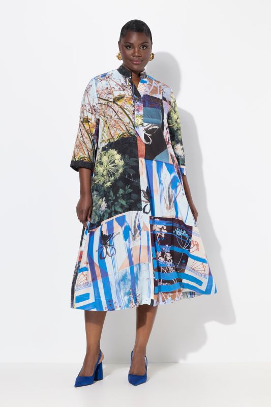 Patchwork Print 3/4 Sleeve Midi Dress