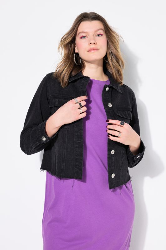 Cropped Long Sleeve Raw Edge Denim Jacket
