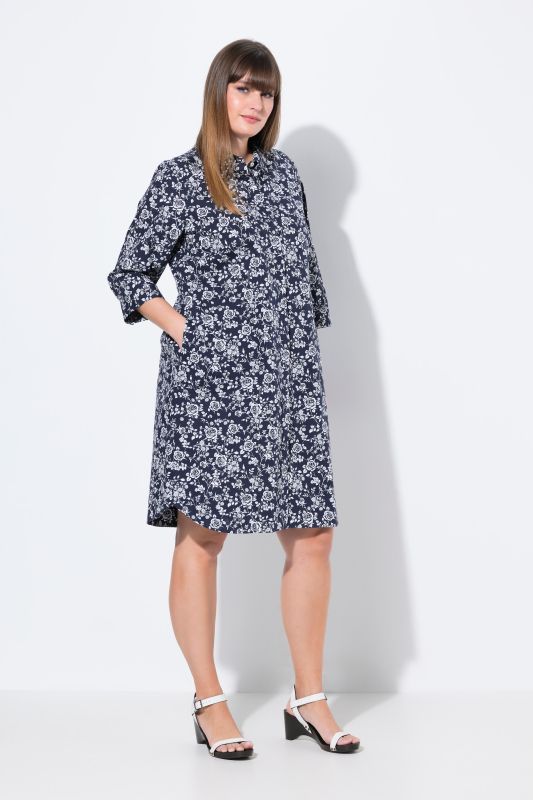Rose Print 3/4 Sleeve Button Down Shirt Dress