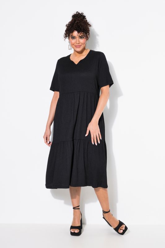 Tiered Flounce Panel Short Sleeve Split Neck Dress