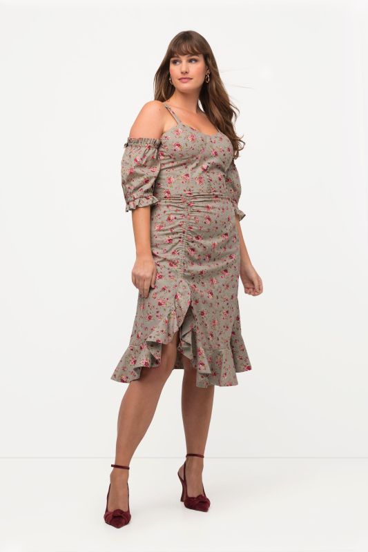 Flounce Hem Rose Print Cold Shoulder Dress