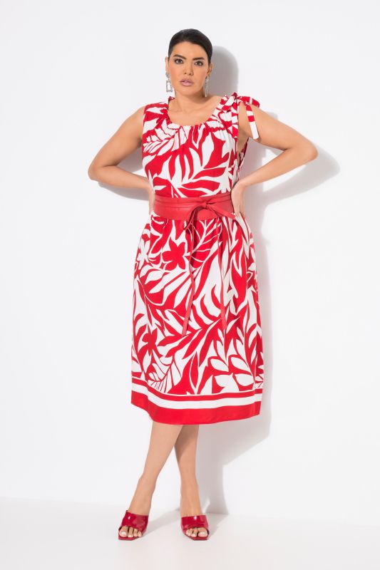 Leaf Print Sleeveless Midi Dress
