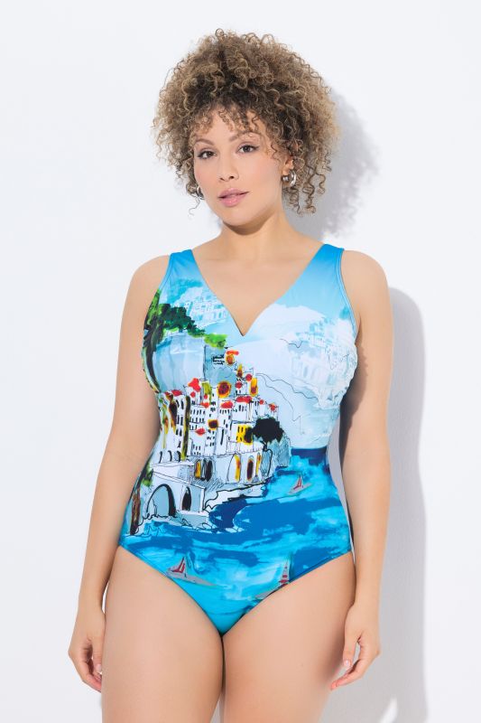 Mediterranean Print Sweetheart Neckline Swimsuit