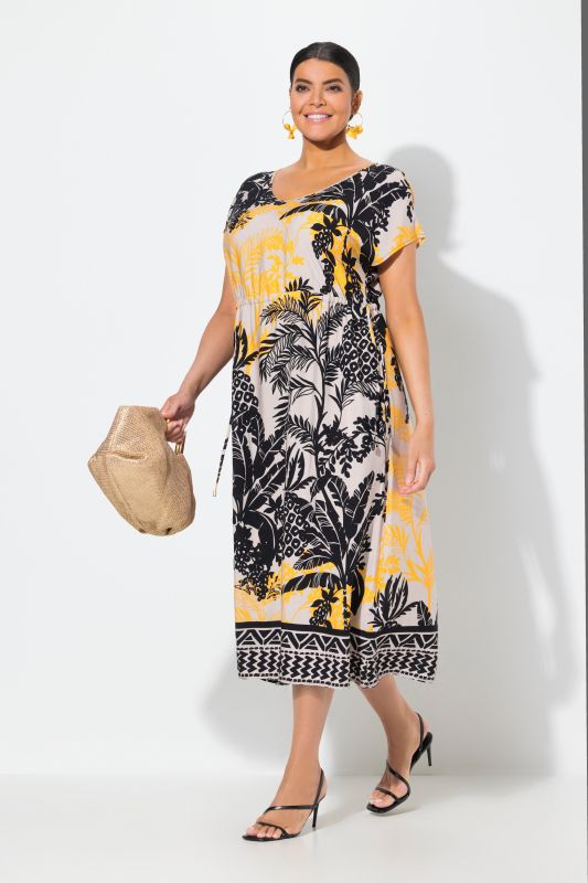Tropical Foliage Print Cap Sleeve Dress