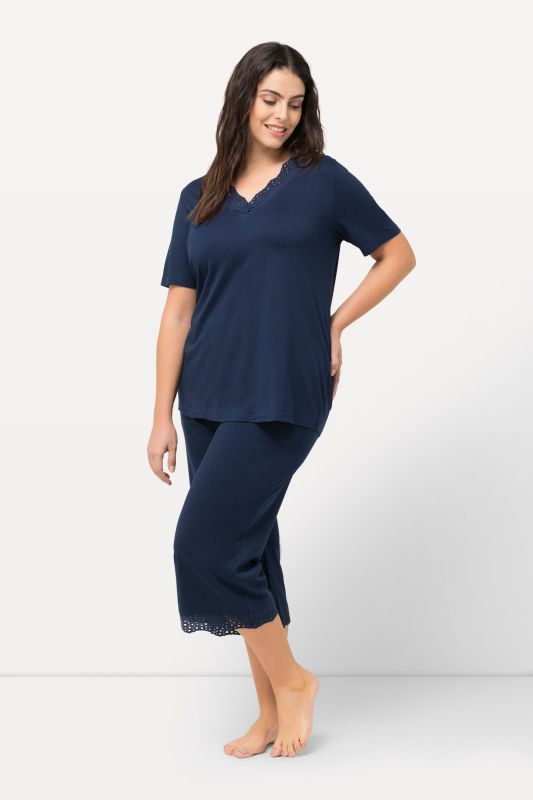 Eyelet Trim V-Neck Super Soft Cotton Blend Pajama Set