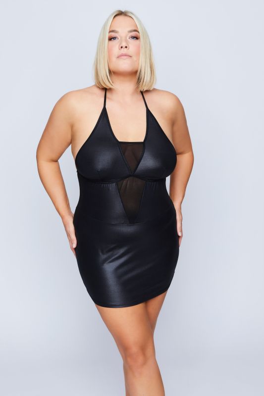 Sheer Panel Wet Look Negligee and Thong