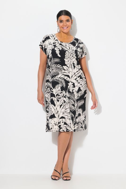 Tropical Foliage Print Cap Sleeve Dress